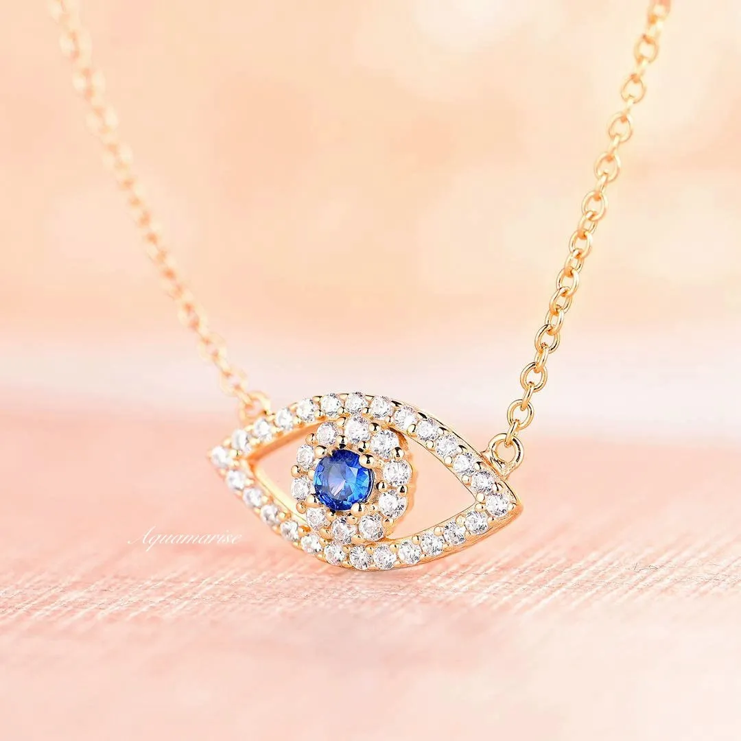 Evil Eye Sapphire Necklace- 14K Yellow Gold Vermeil