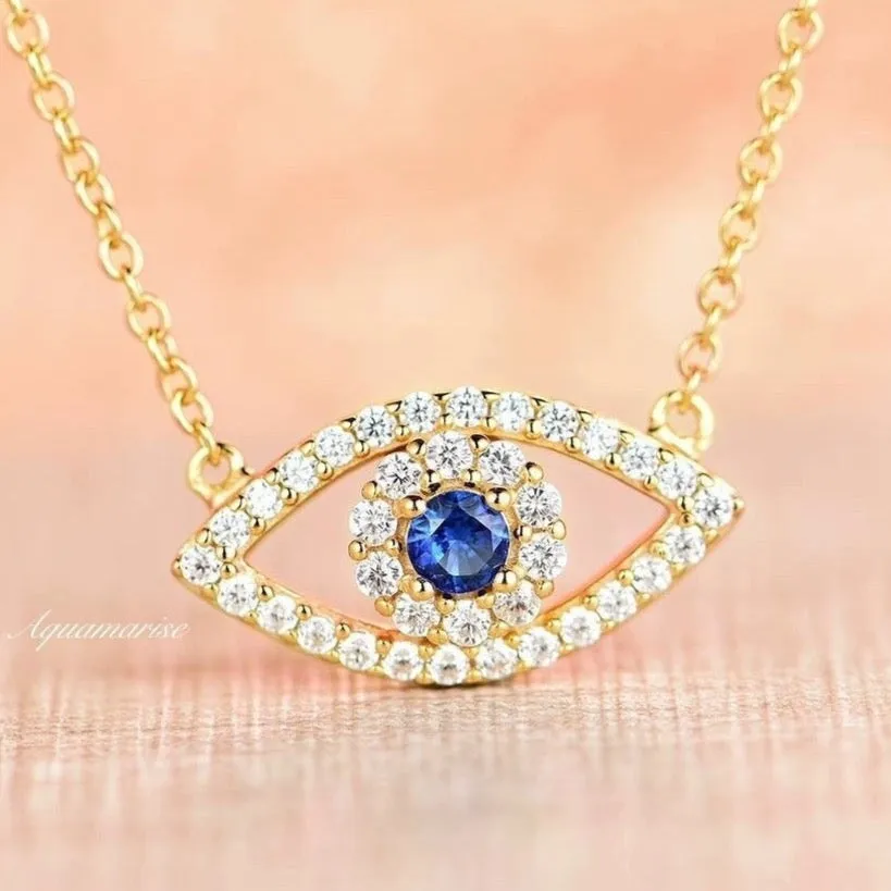 Evil Eye Sapphire Necklace- 14K Yellow Gold Vermeil