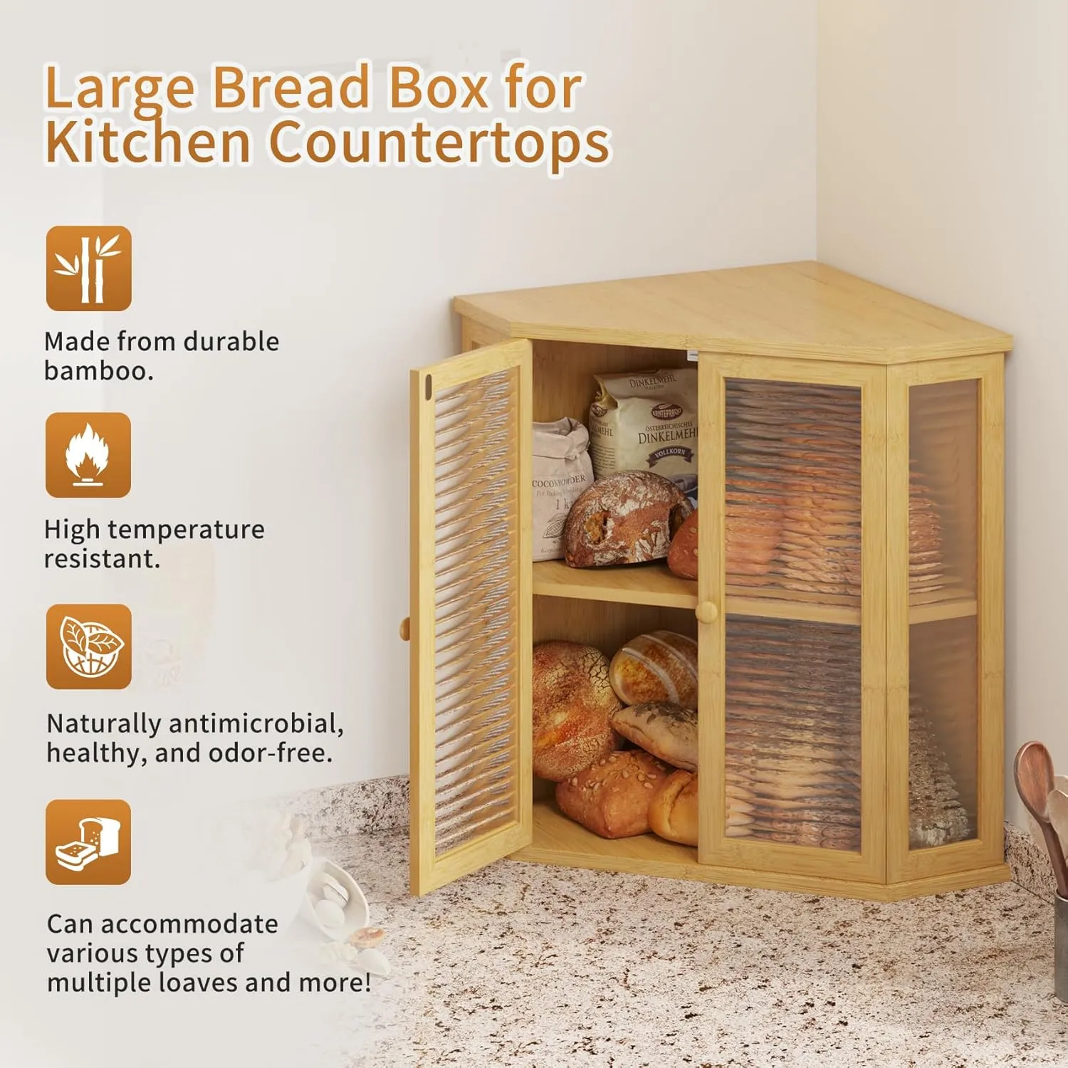 Extra-Large Bamboo Bread Box with Glass Wavy Door – Stylish and Eco-Friendly