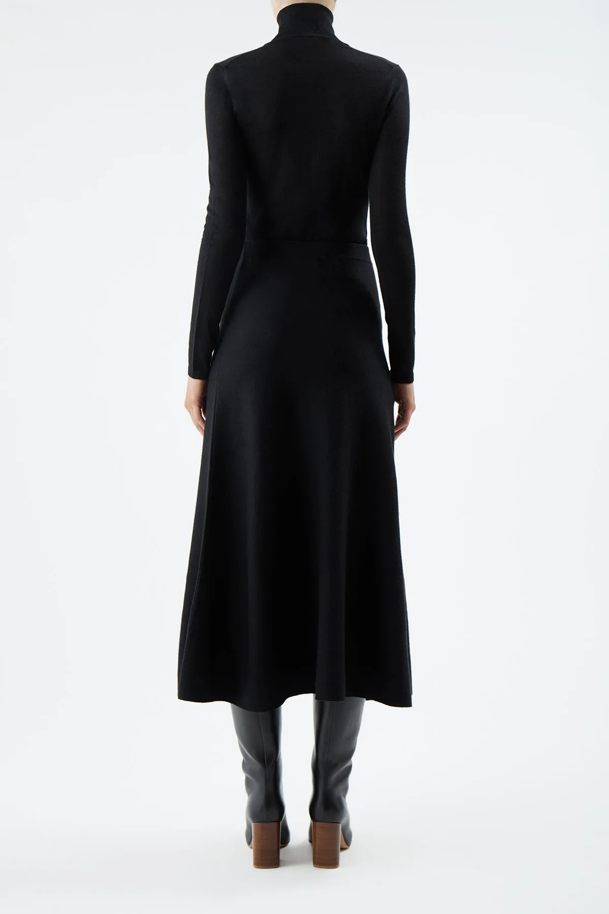 Freddie Knit Midi Skirt in Black Merino Wool Cashmere