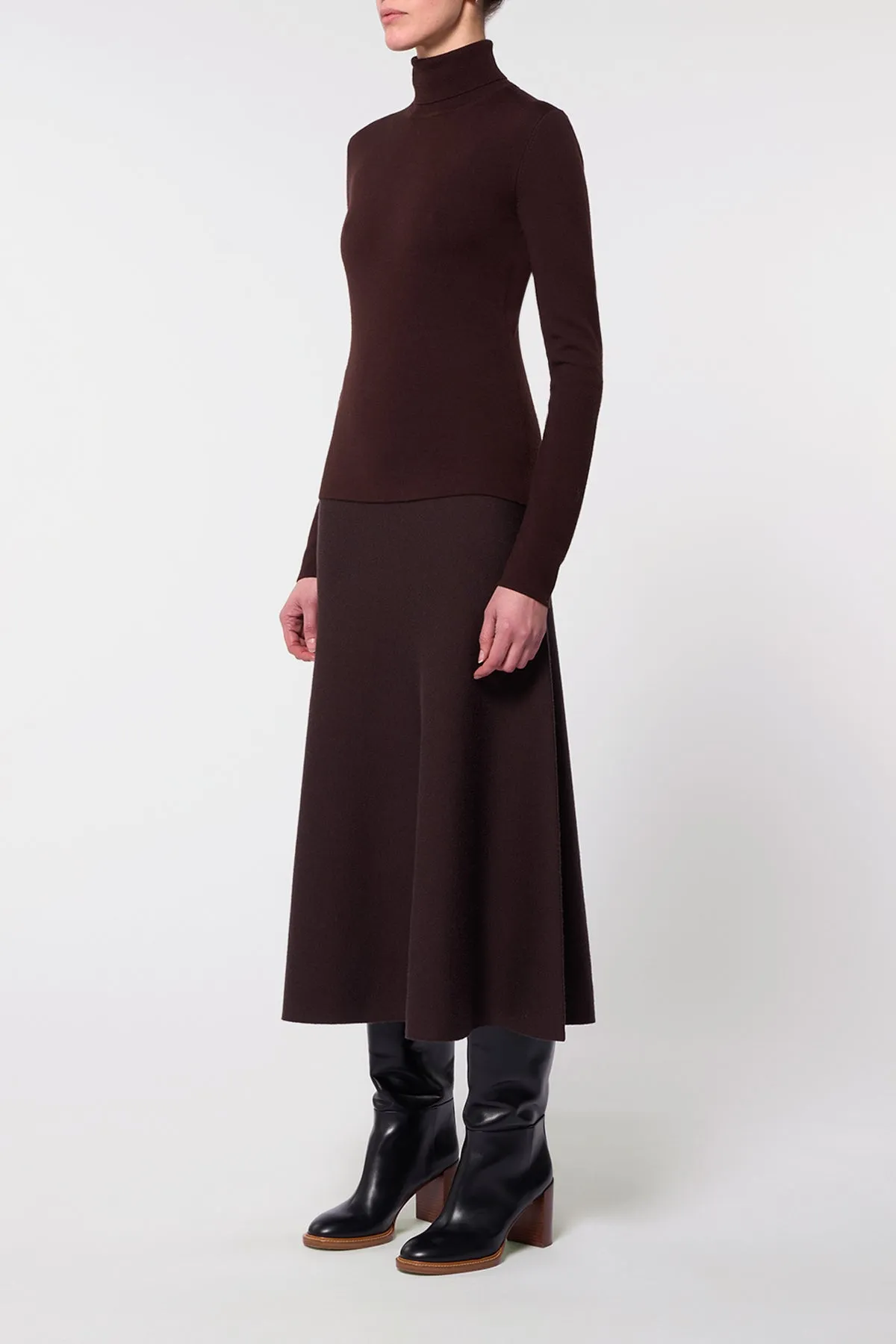 Freddie Knit Midi Skirt in Chocolate Merino Wool Cashmere