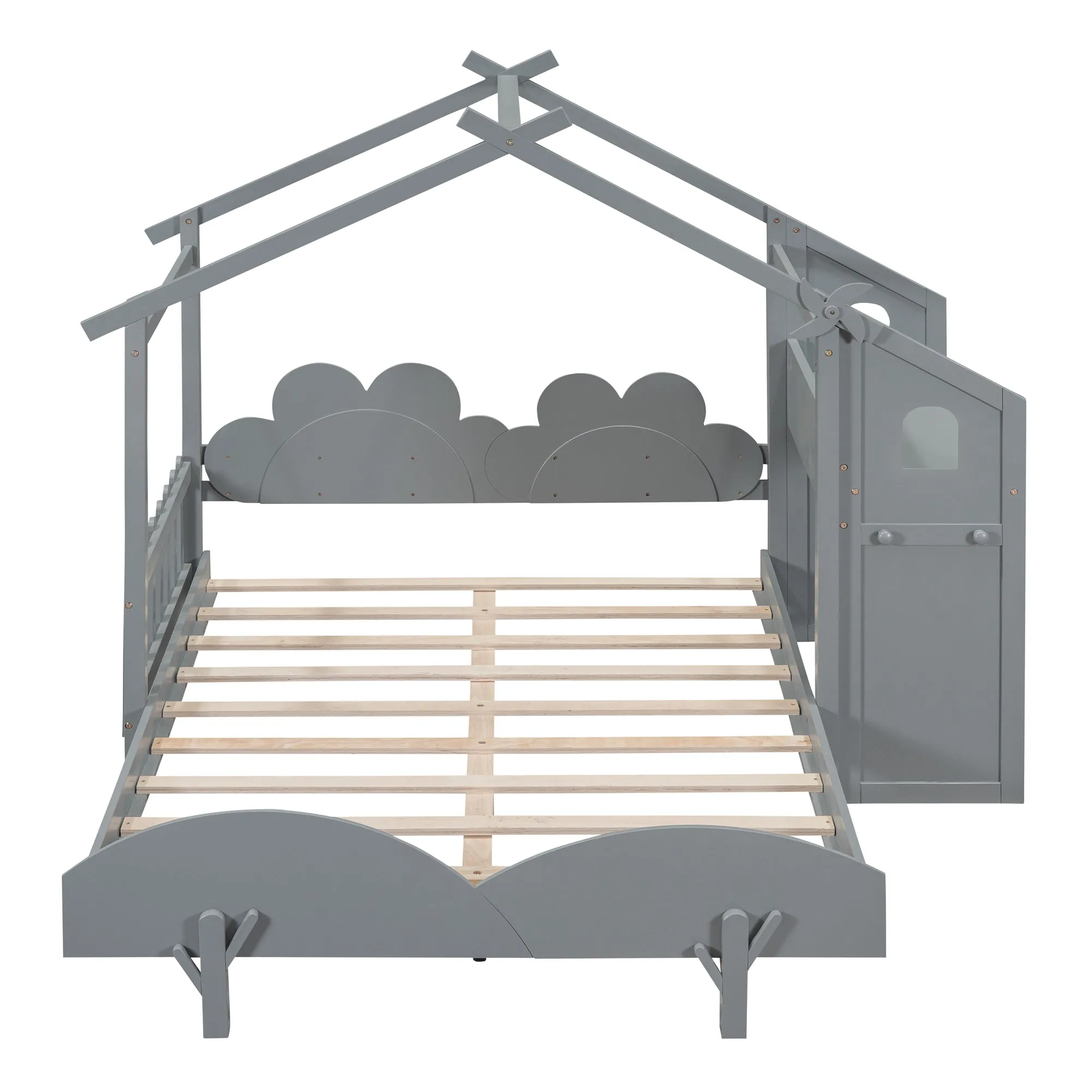 Full Size Platform Bed with Windmill and Flower Decor, House Bed with Desk and two hooks, Gray