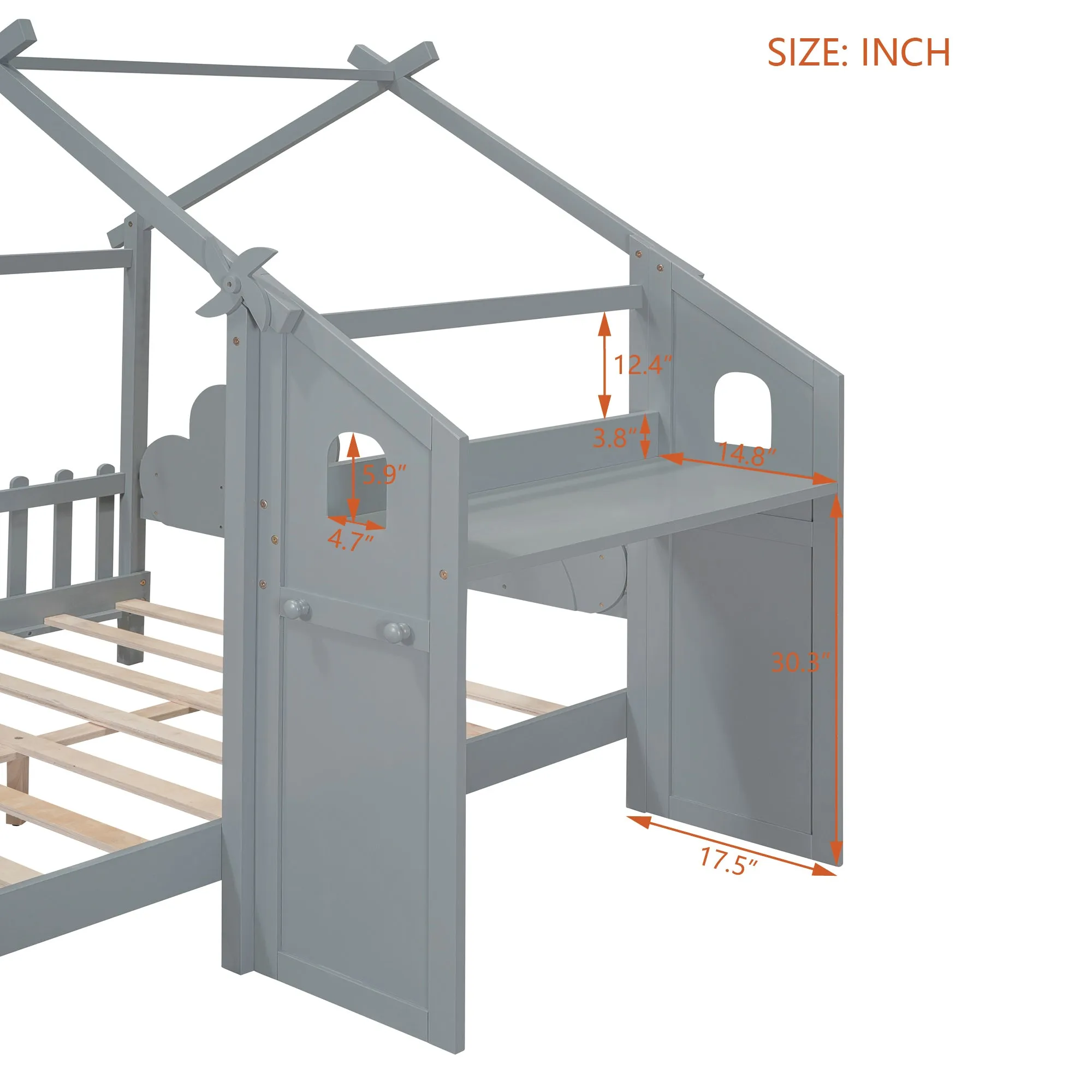 Full Size Platform Bed with Windmill and Flower Decor, House Bed with Desk and two hooks, Gray