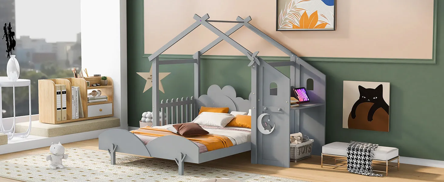 Full Size Platform Bed with Windmill and Flower Decor, House Bed with Desk and two hooks, Gray