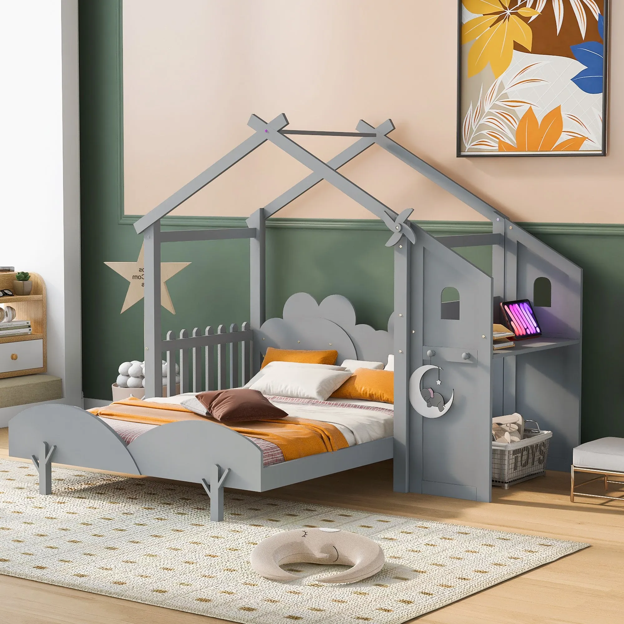 Full Size Platform Bed with Windmill and Flower Decor, House Bed with Desk and two hooks, Gray