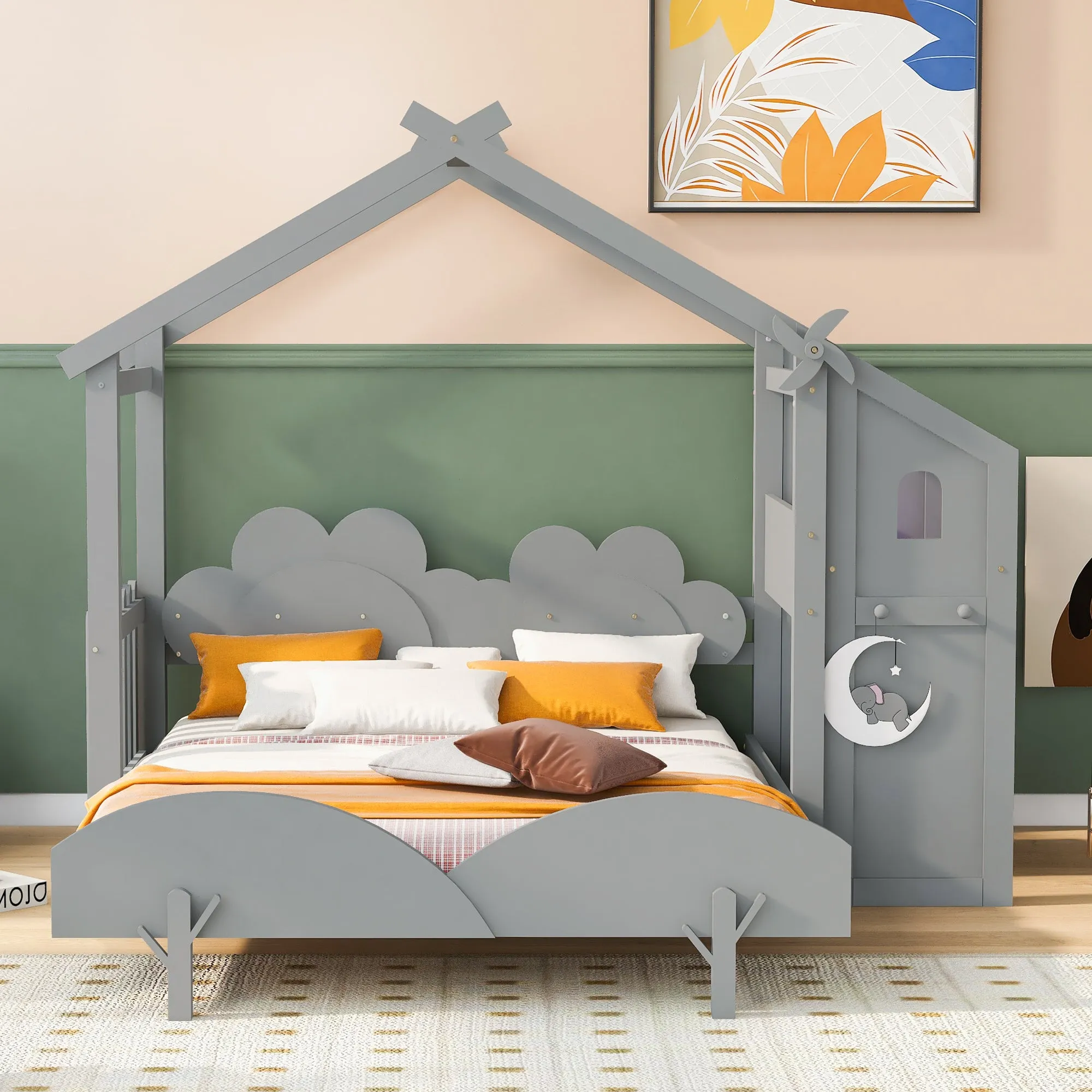 Full Size Platform Bed with Windmill and Flower Decor, House Bed with Desk and two hooks, Gray