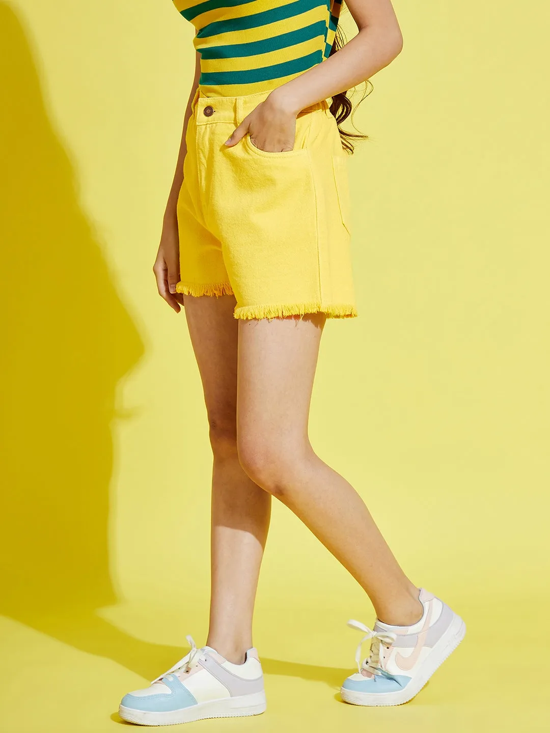 Girls Mustard Raw Hem Denim Shorts