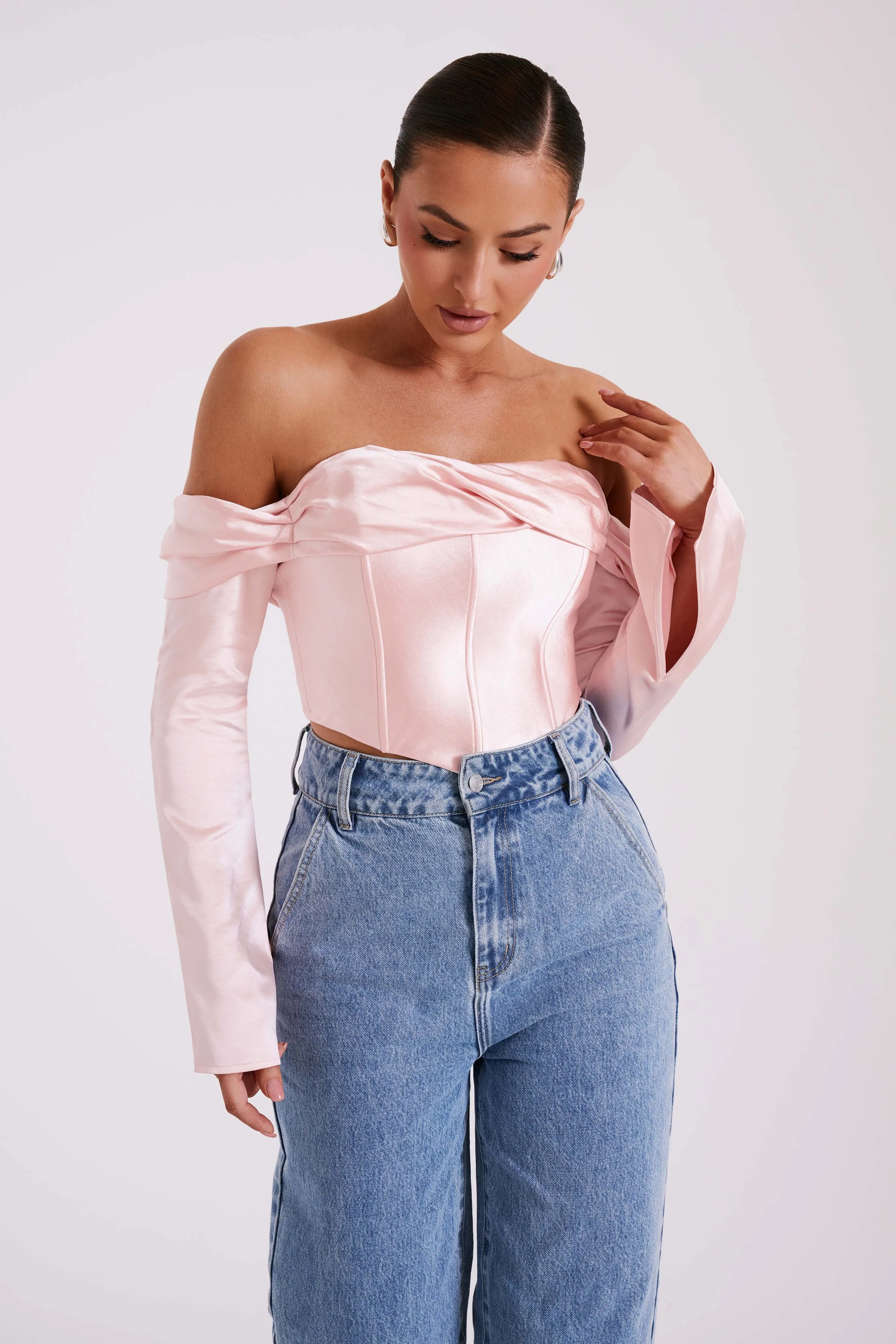 Giselle Satin Off Shoulder Top - Baby Pink