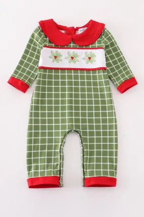 Green christmas holly embroidery boy romper