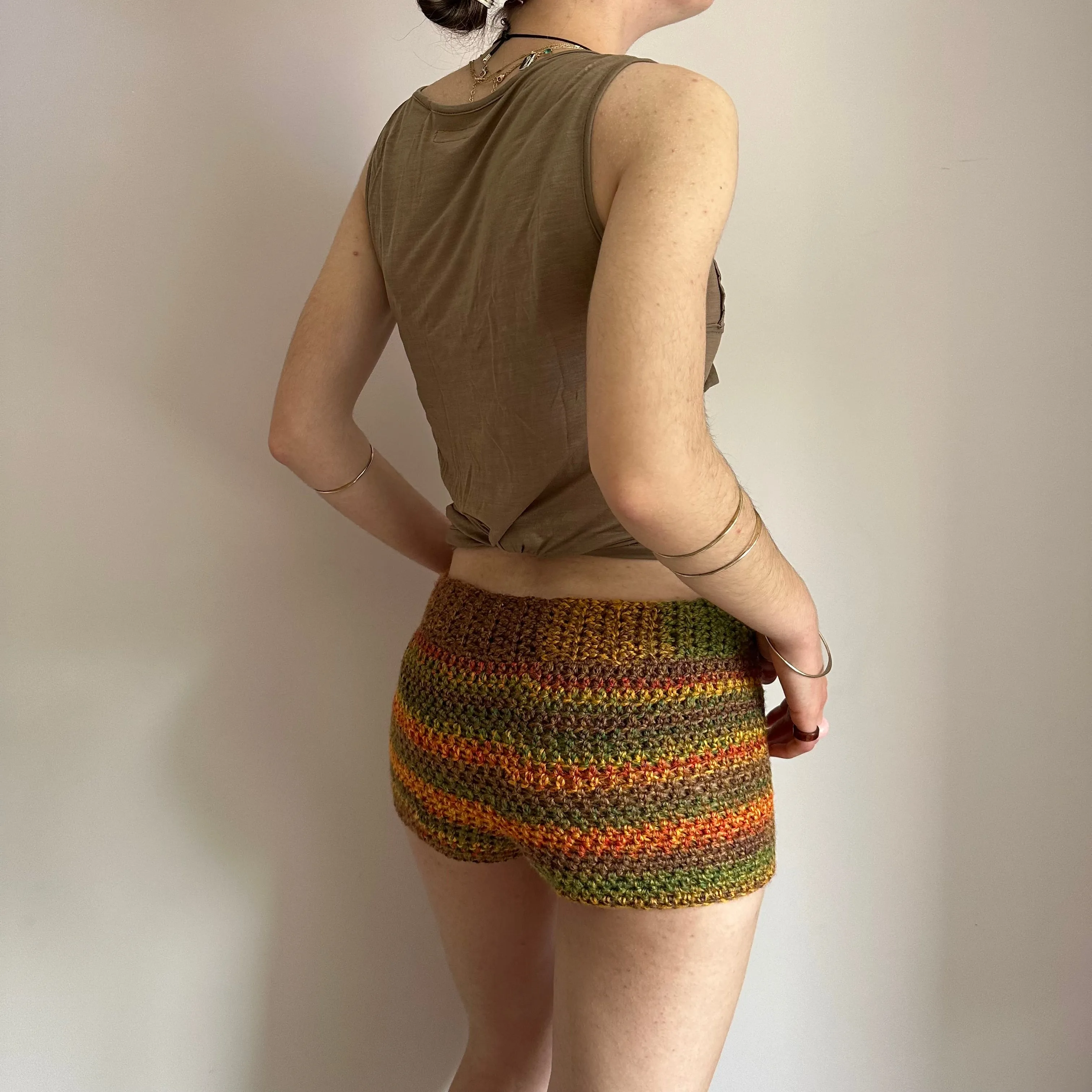 Handmade earth tones ombré striped crochet shorts