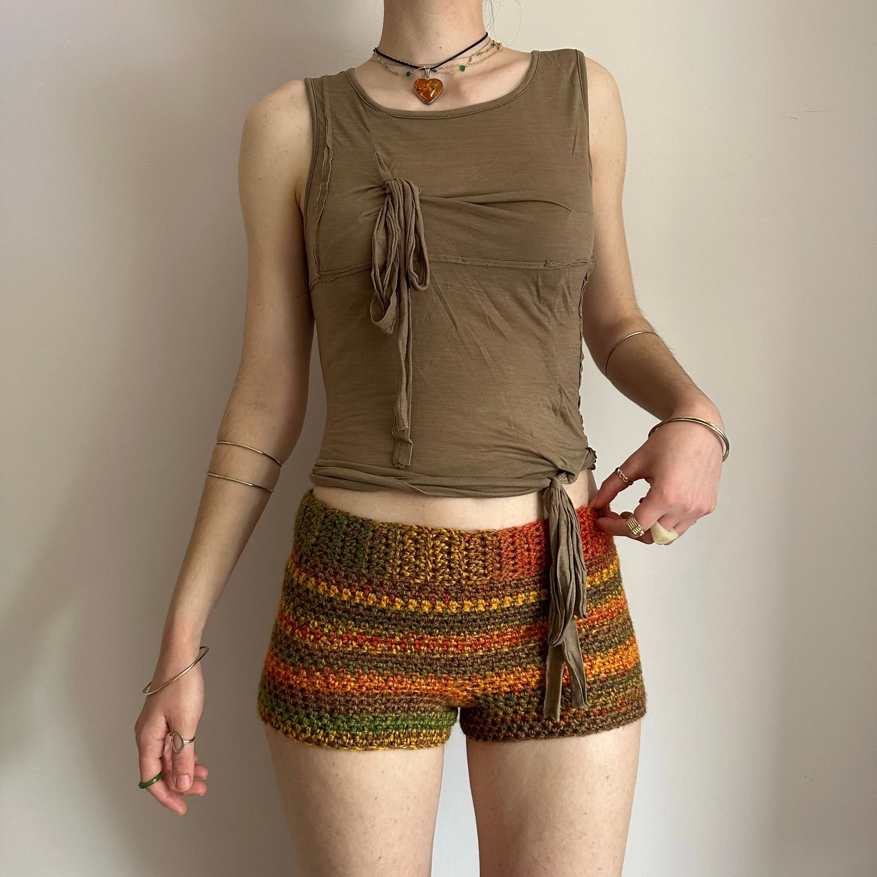 Handmade earth tones ombré striped crochet shorts