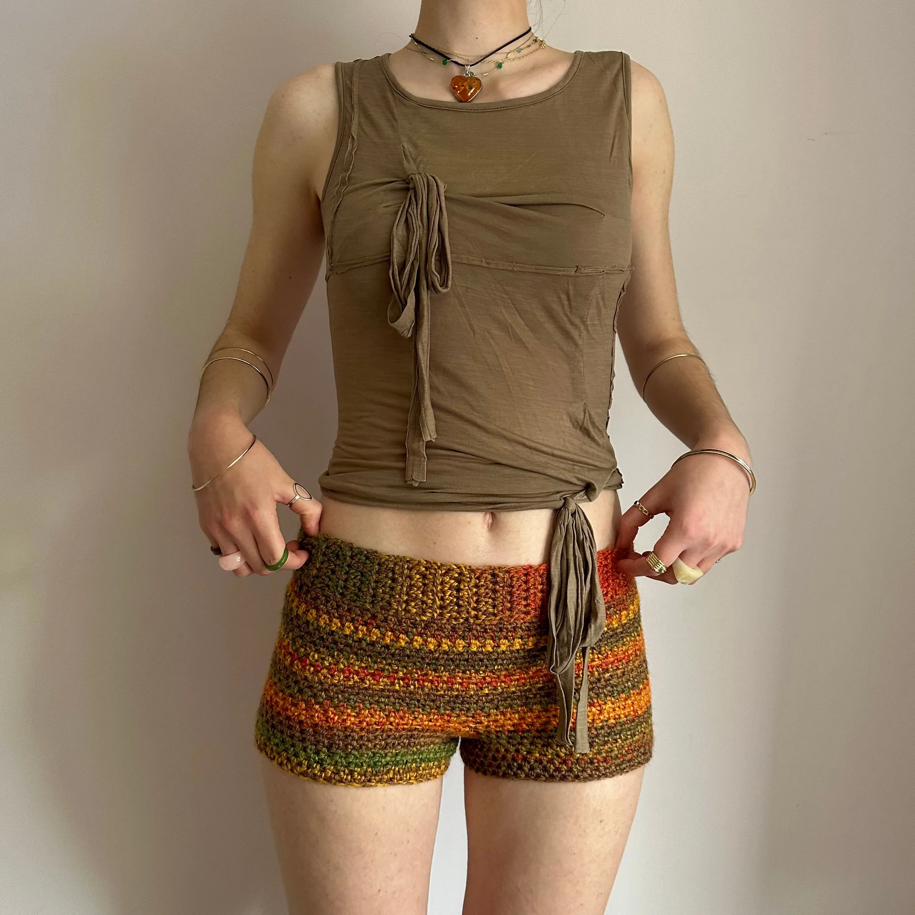 Handmade earth tones ombré striped crochet shorts