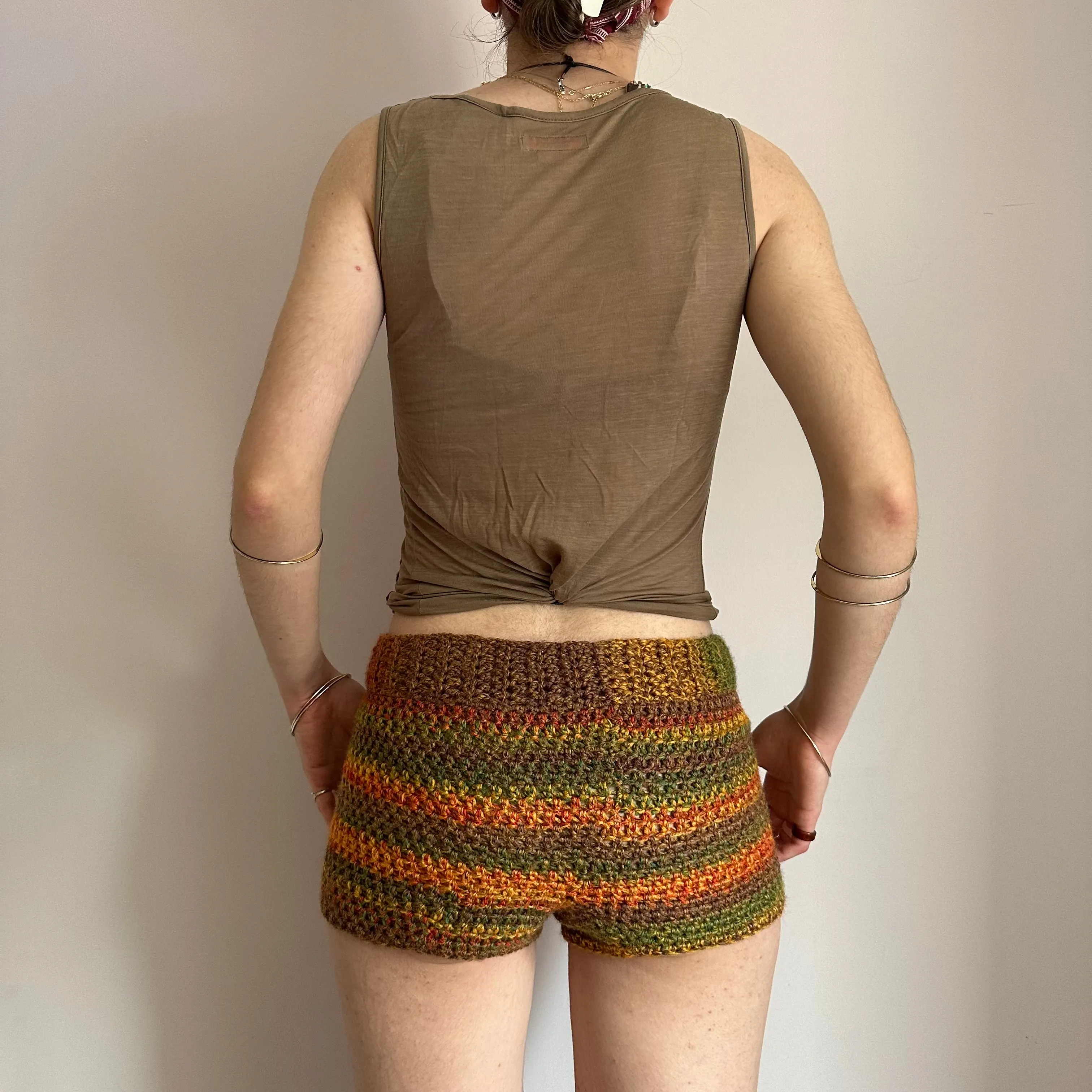 Handmade earth tones ombré striped crochet shorts