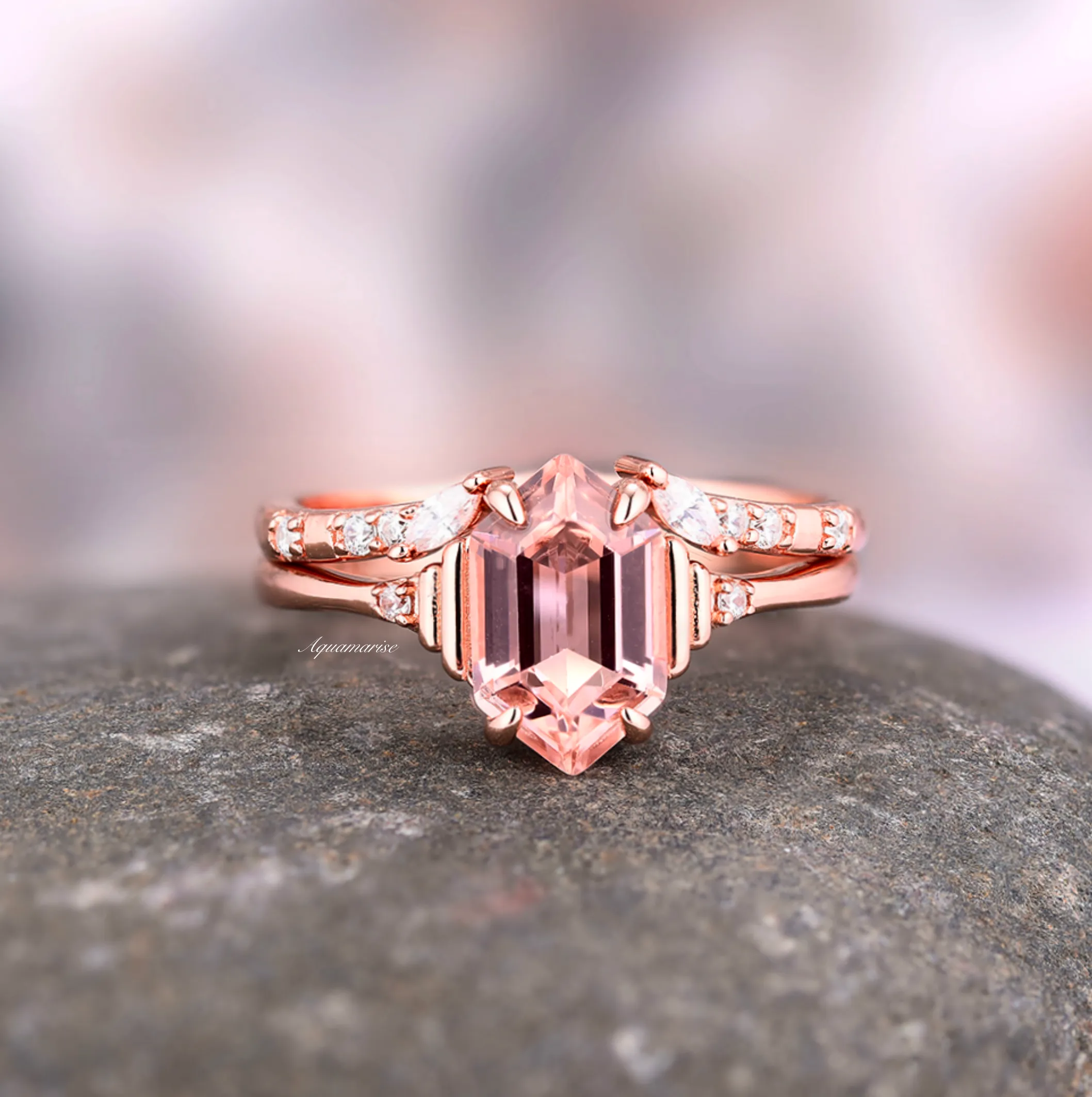 Hexagon Morganite Ring Set- 14K Rose Gold Vermeil