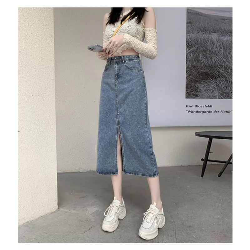 High-Waisted Split Hem Front Midi Denim Skirt