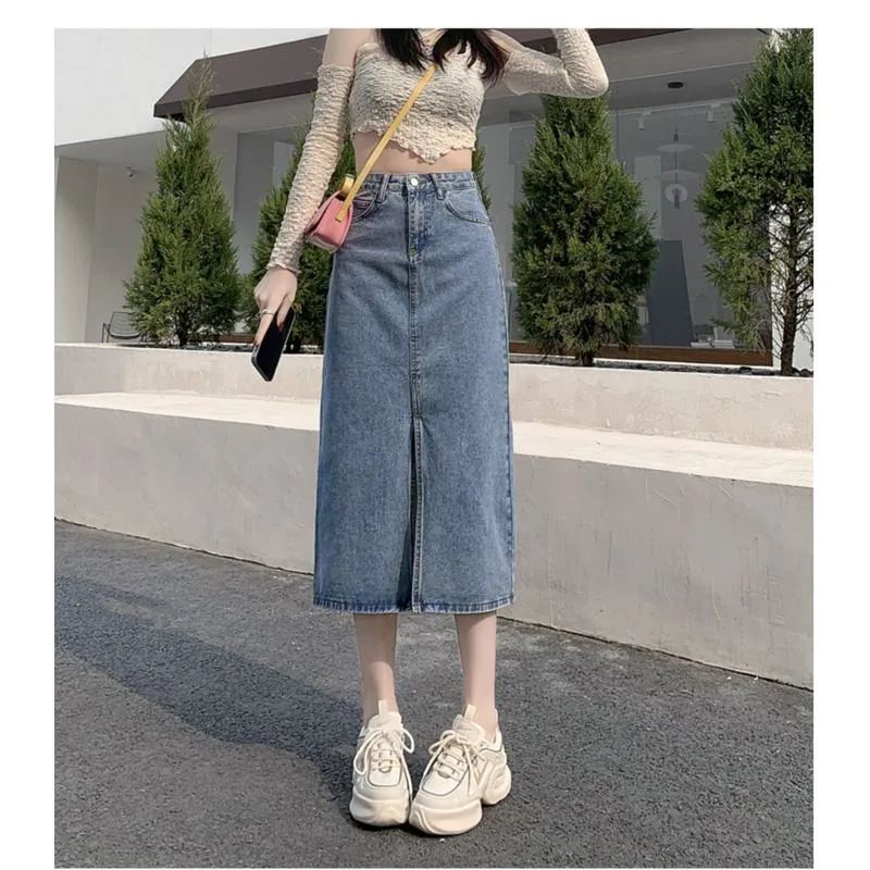 High-Waisted Split Hem Front Midi Denim Skirt