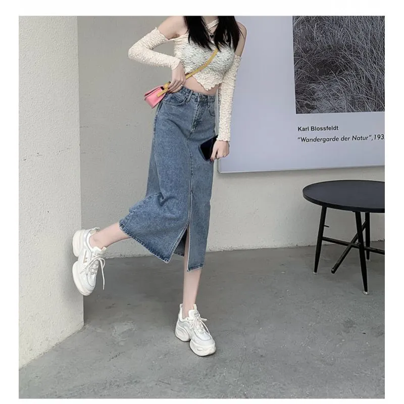 High-Waisted Split Hem Front Midi Denim Skirt