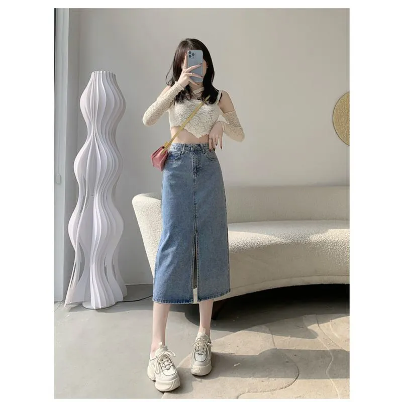 High-Waisted Split Hem Front Midi Denim Skirt