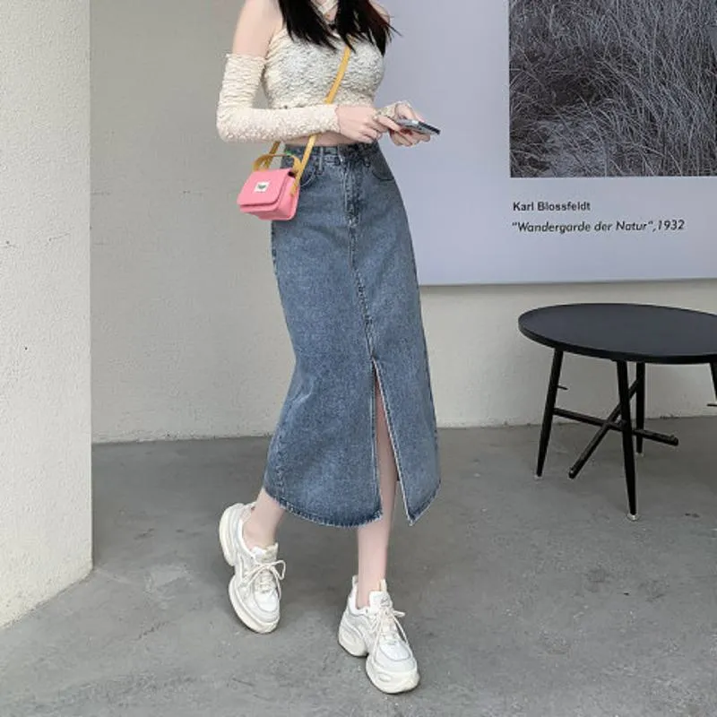 High-Waisted Split Hem Front Midi Denim Skirt