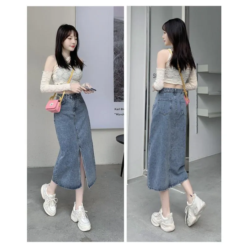 High-Waisted Split Hem Front Midi Denim Skirt