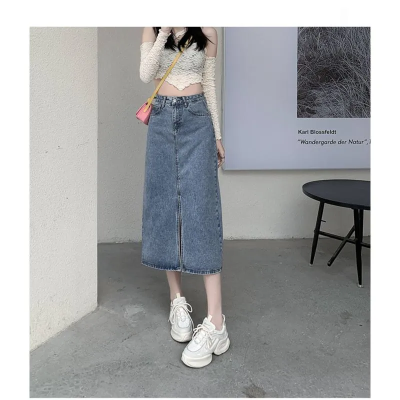 High-Waisted Split Hem Front Midi Denim Skirt