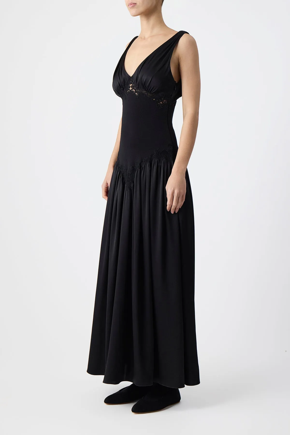 Highland Lace Maxi Dress in Black Silk Satin