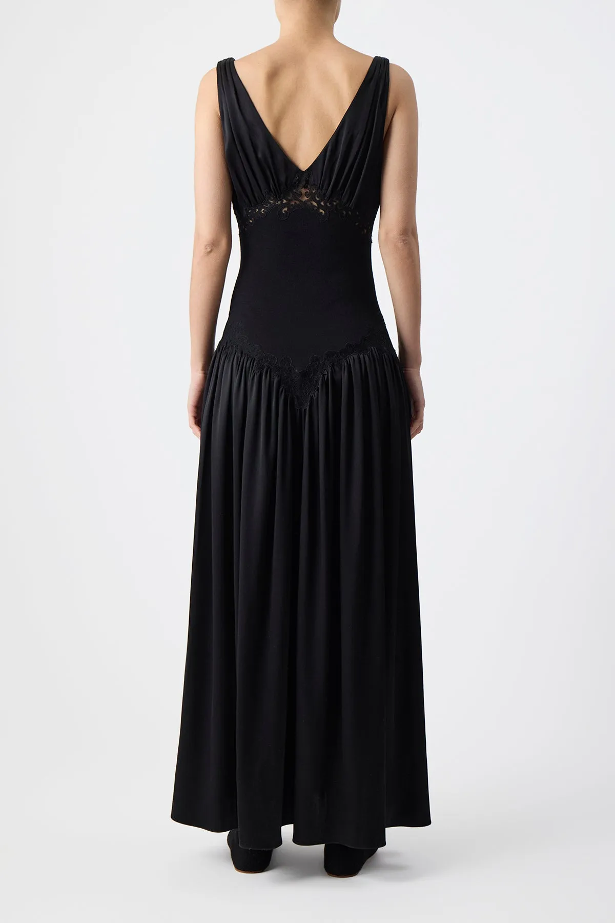 Highland Lace Maxi Dress in Black Silk Satin