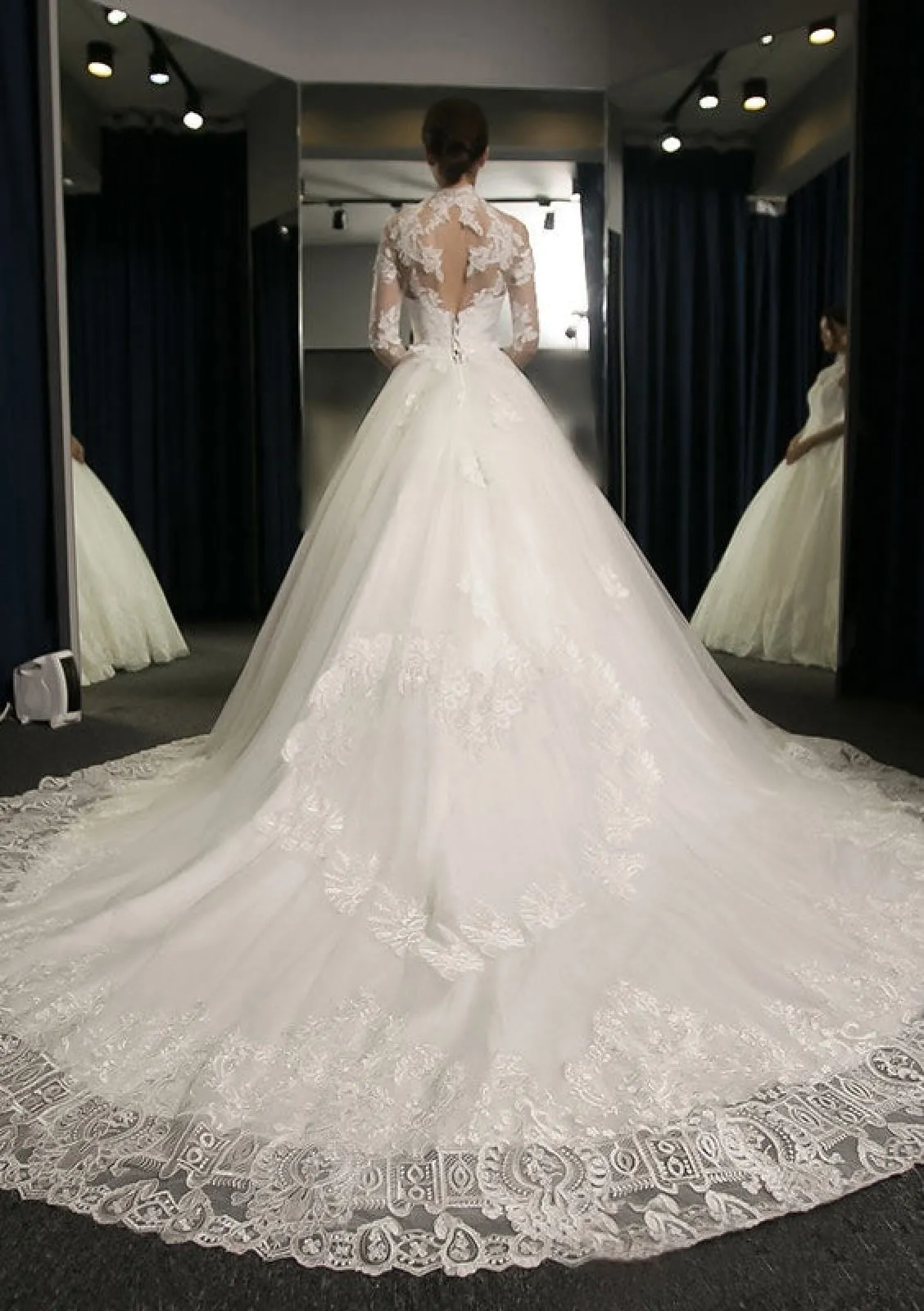 Illusion Sleeve Tulle Ball Gown High-Neck Cathedral Bridal Dress, Lace