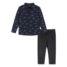 Infant Navy Holiday Sharks Knit Pique Buttondown Set  | Navy