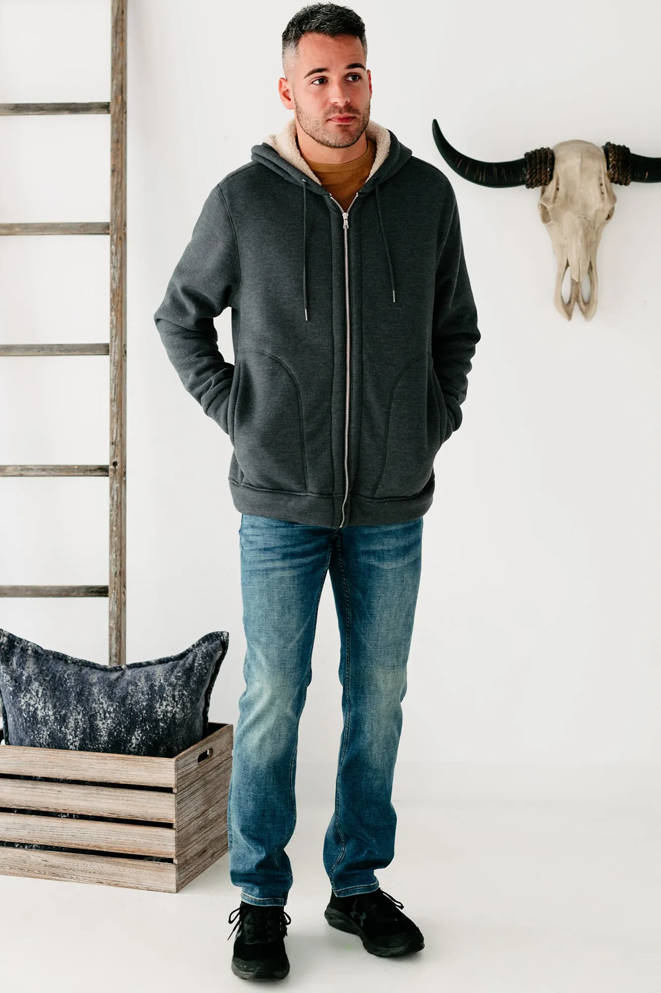 Jace Sherpa Lined Zippered Hoodie (Charcoal)