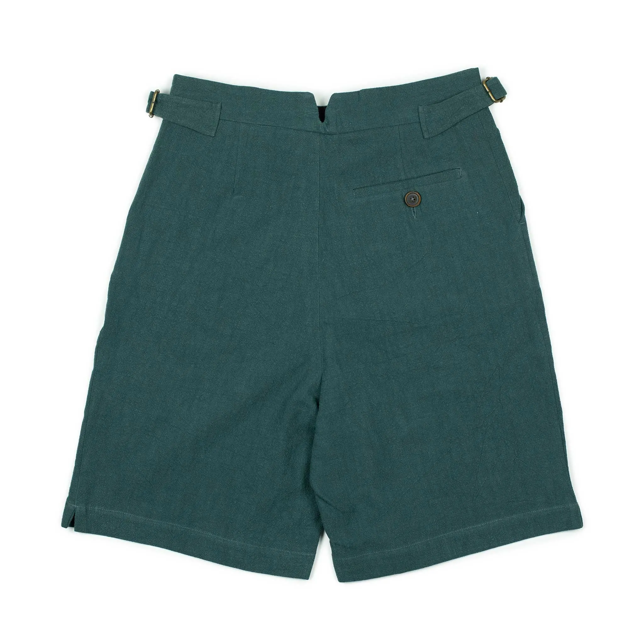 Karl side-tab one-pleat shorts in petrol blue textured ramie