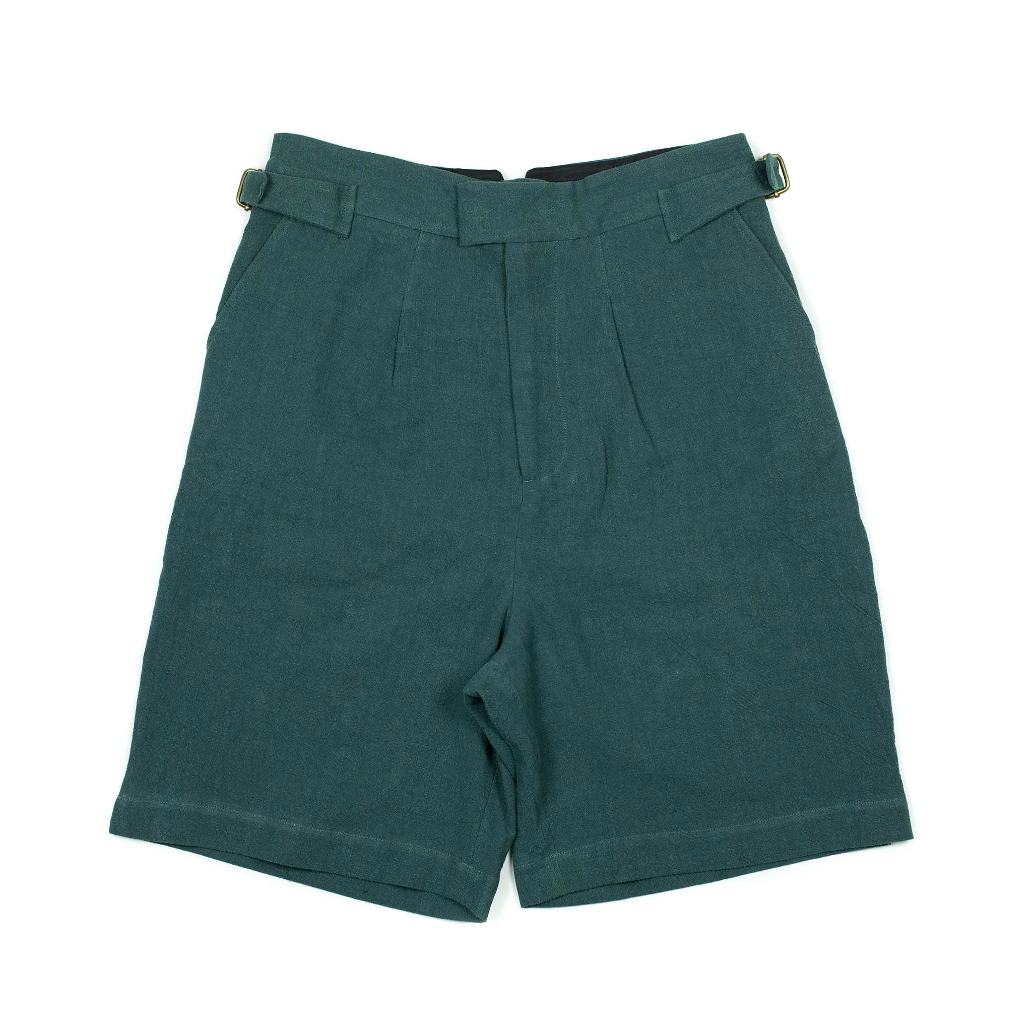 Karl side-tab one-pleat shorts in petrol blue textured ramie