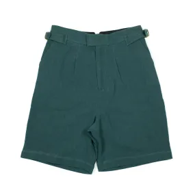 Karl side-tab one-pleat shorts in petrol blue textured ramie