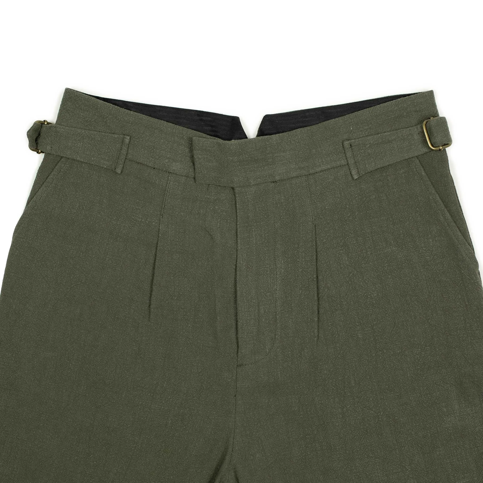 Karl side tab shorts in moss green ramie