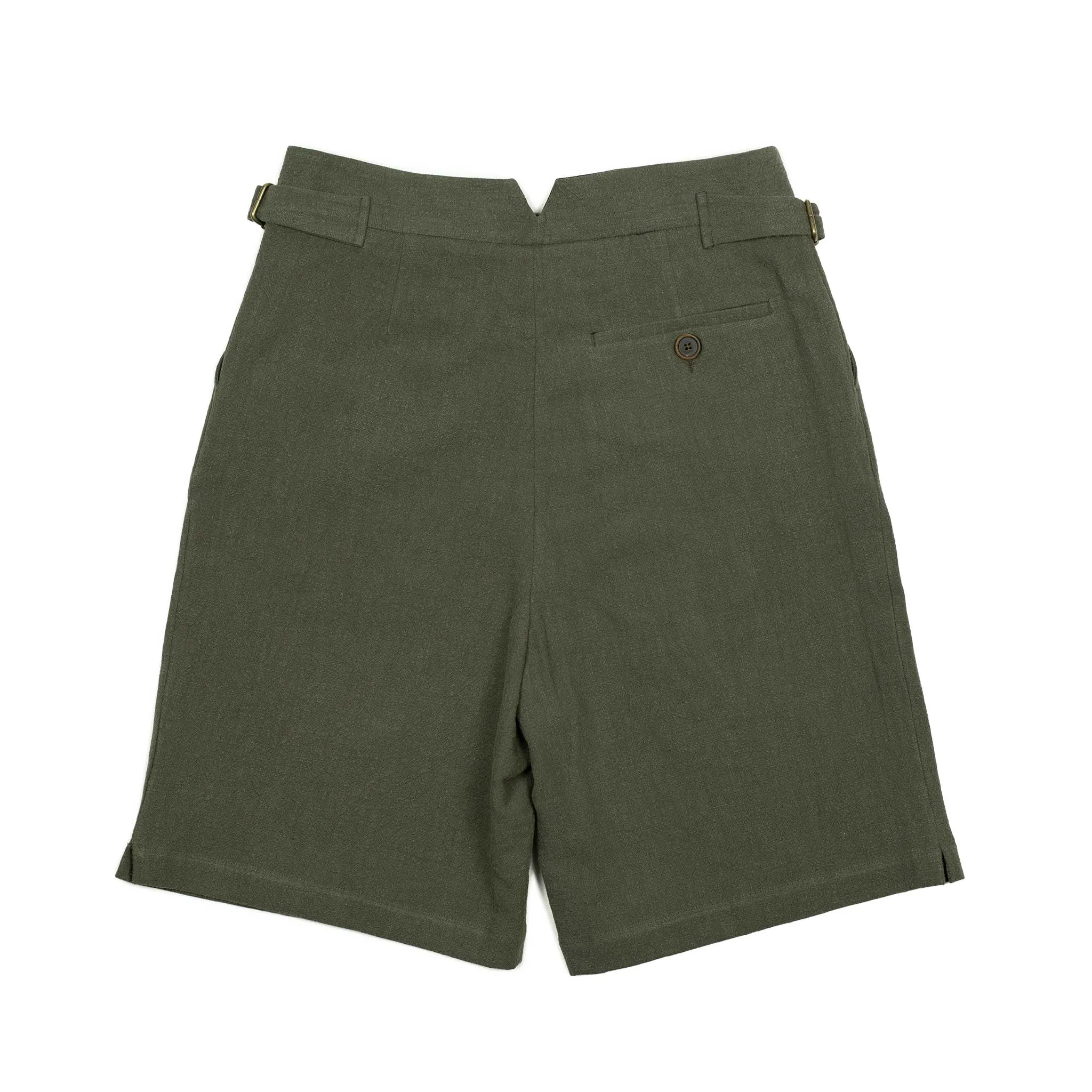 Karl side tab shorts in moss green ramie