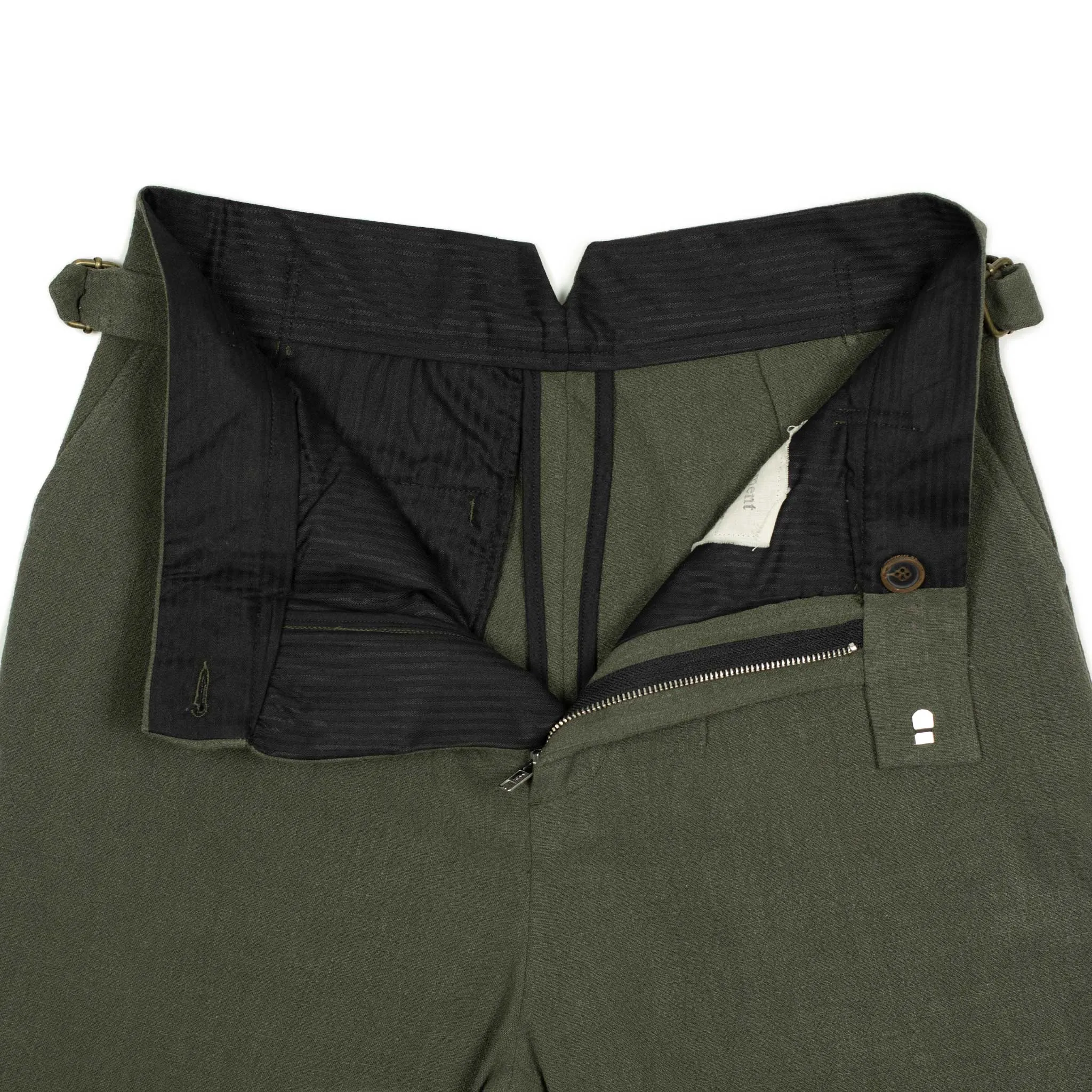 Karl side tab shorts in moss green ramie