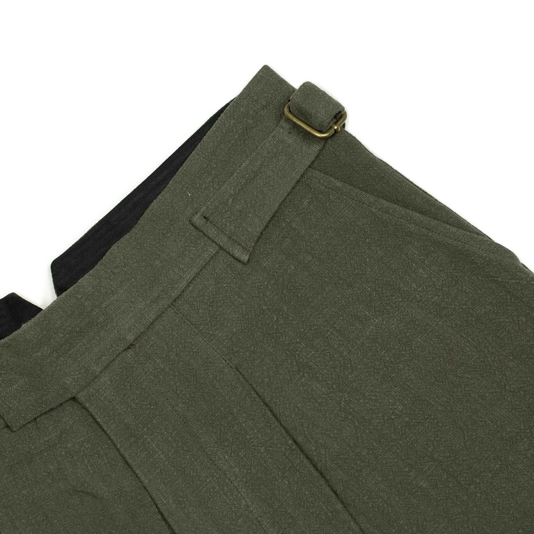 Karl side tab shorts in moss green ramie