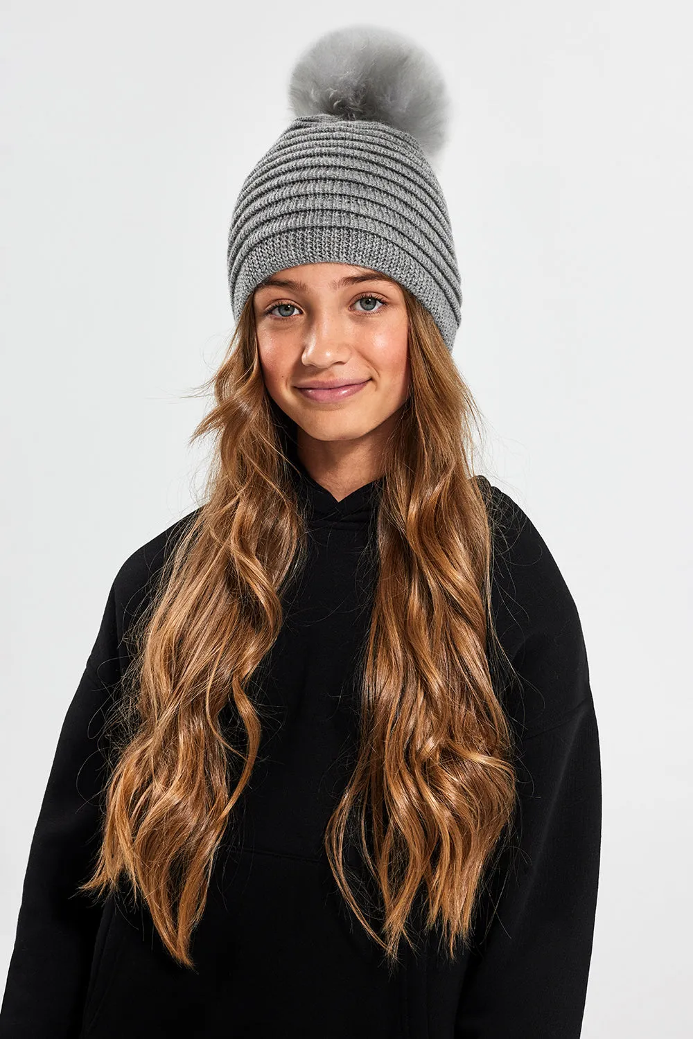 Kids (6-14 Years) Ribbed Hat with Oversized Fur Pompon