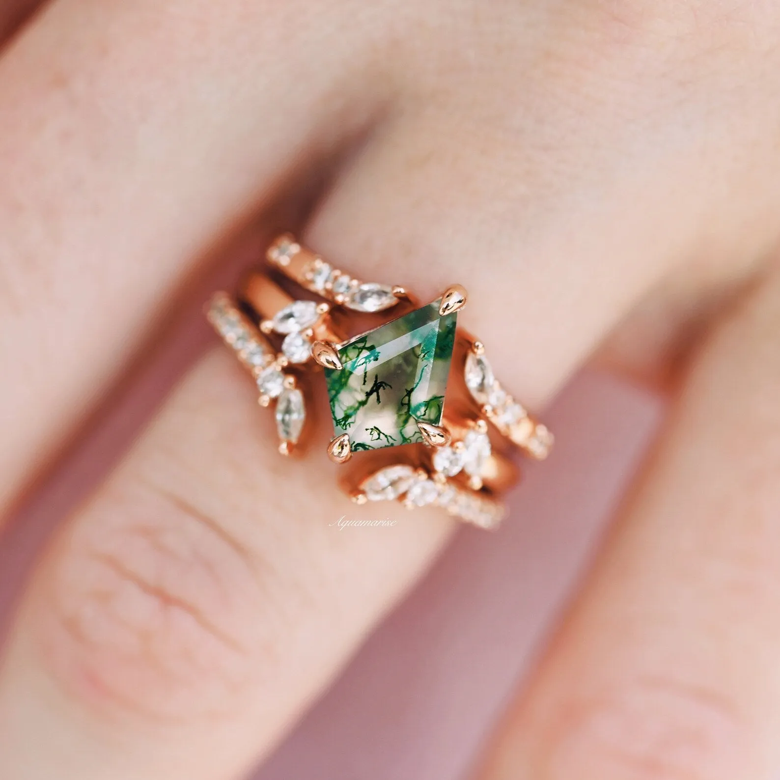 Kite Green Moss Agate 3pcs Ring Set- 14K Rose Gold Vermeil