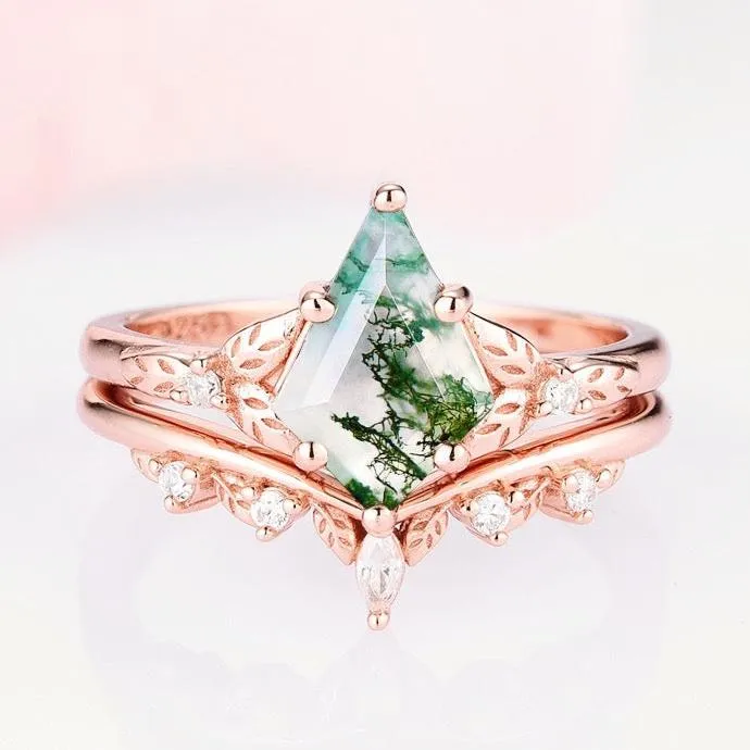 Kite Green Moss Agate Fairy Ring Set- 14K Rose Gold Vermeil