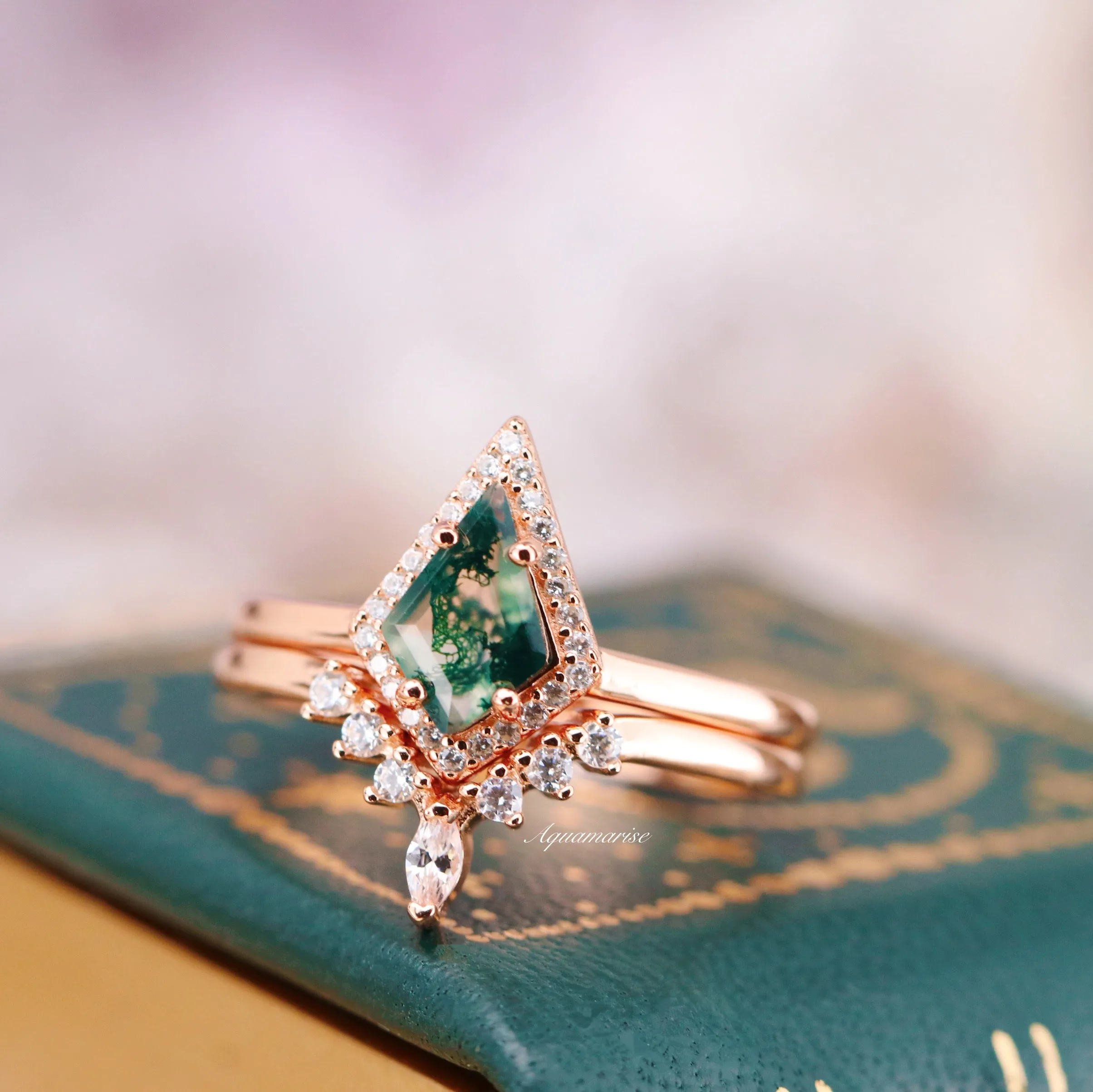 Kite Green Moss Agate Ring Set- 14K Rose Gold Vermeil