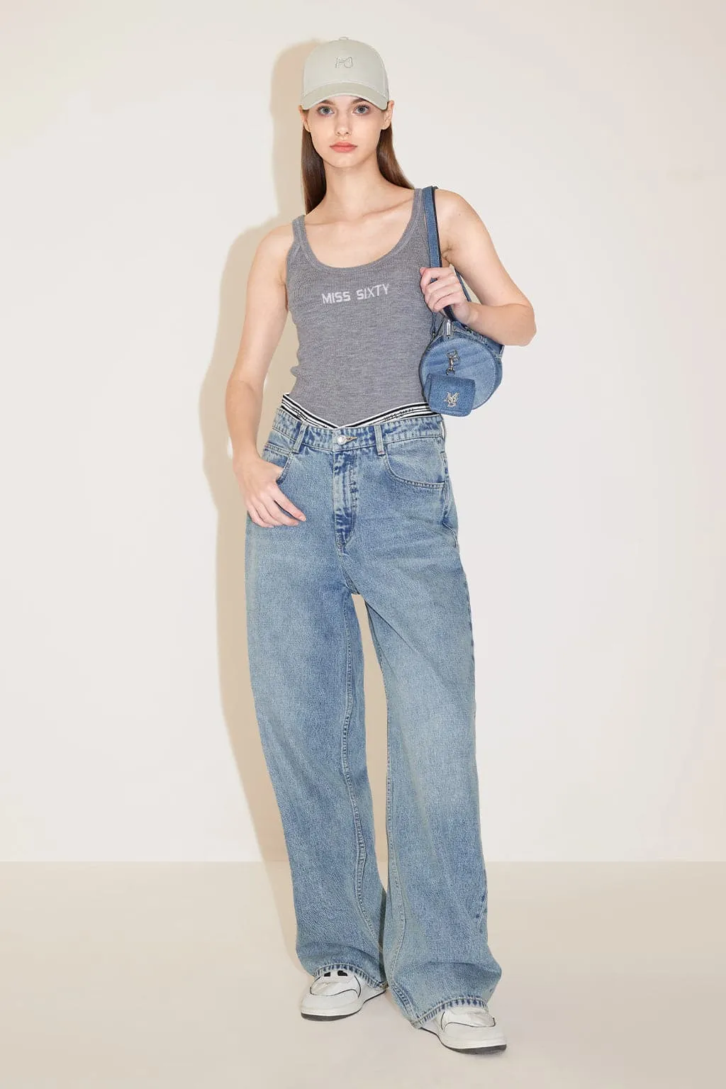 Light Blue V-Shape Patchwork High Waist Straight Fit Jeans