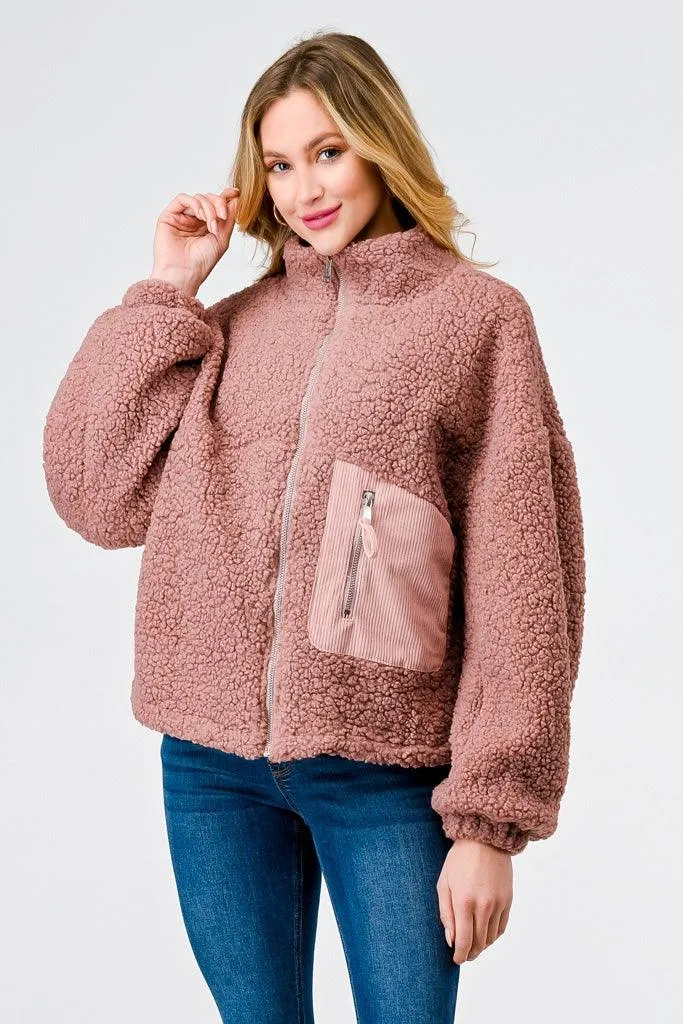 Mauve Sherpa Zip-Up Long Sleeve One Pocket Mock Neck Jacket /1-2-2