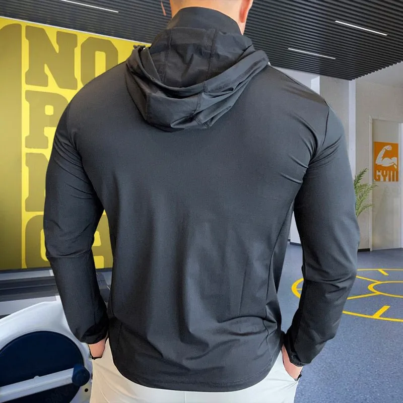 Men Fitness Training Jackets Zipper Pocket Hooded Workout Coat Gym Sportswear Running Hoodies Outdoor Sport Hiking Clothing Tops