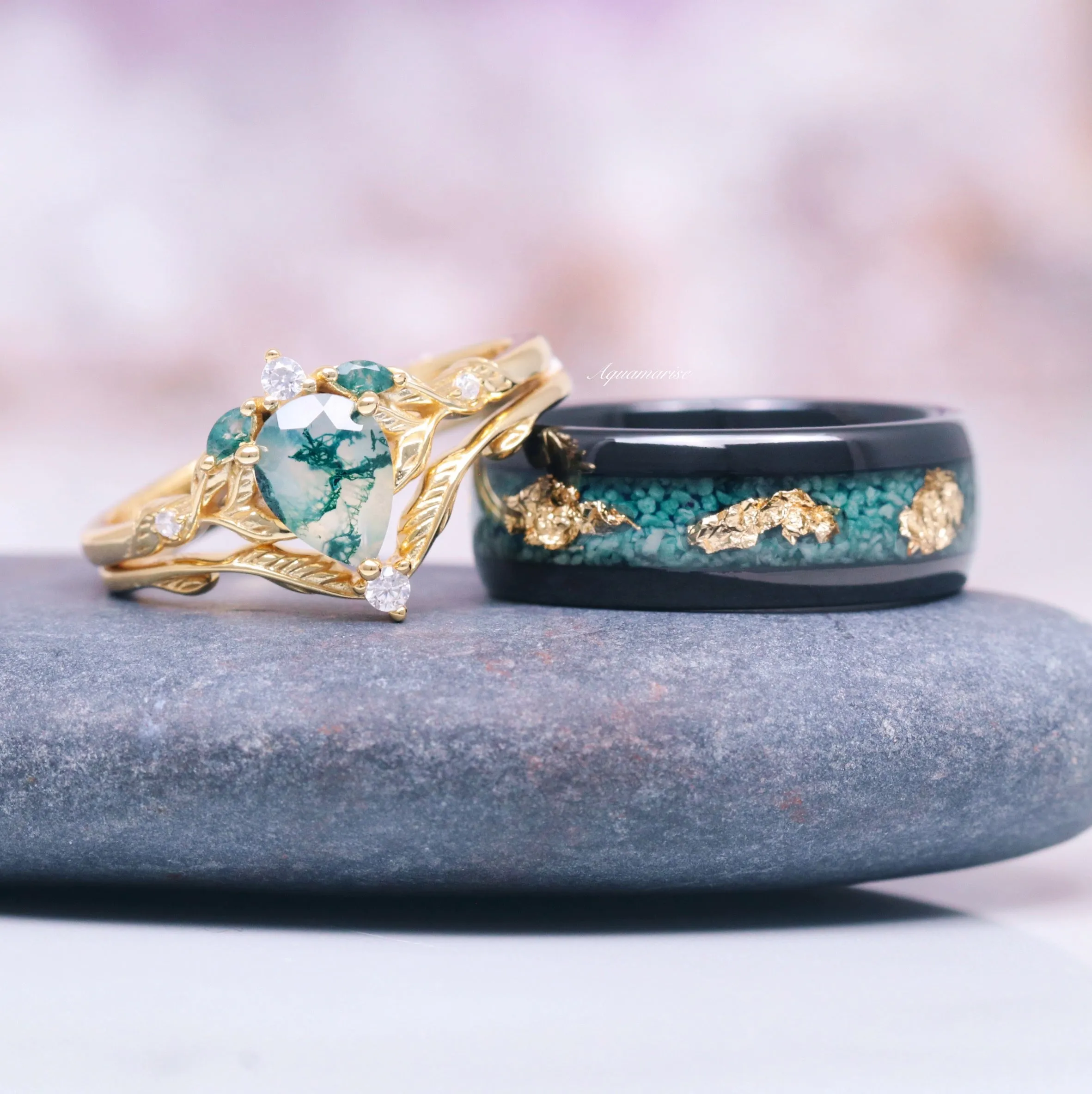 Moss Agate & Gold Leaf Wedding Band- 8MM Black Tungsten