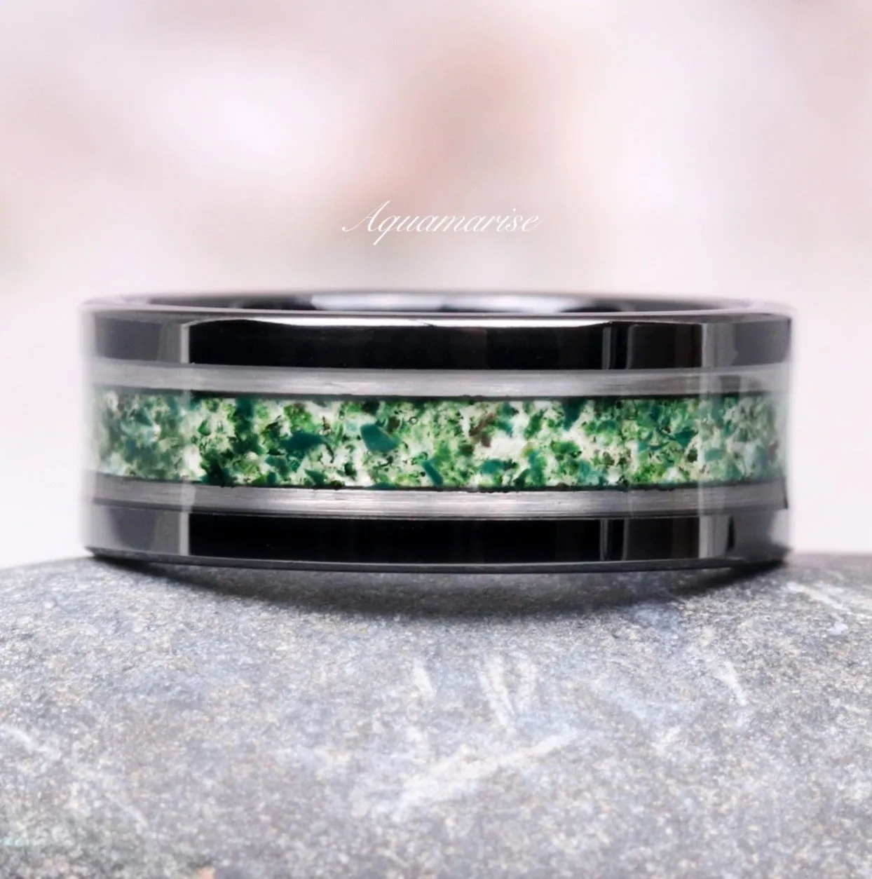 Moss Agate Wedding Band- 8MM Black Tungsten