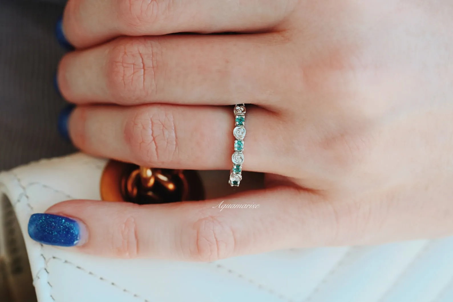 Natural Green Moss Agate Rose Wedding Band- Sterling Silver