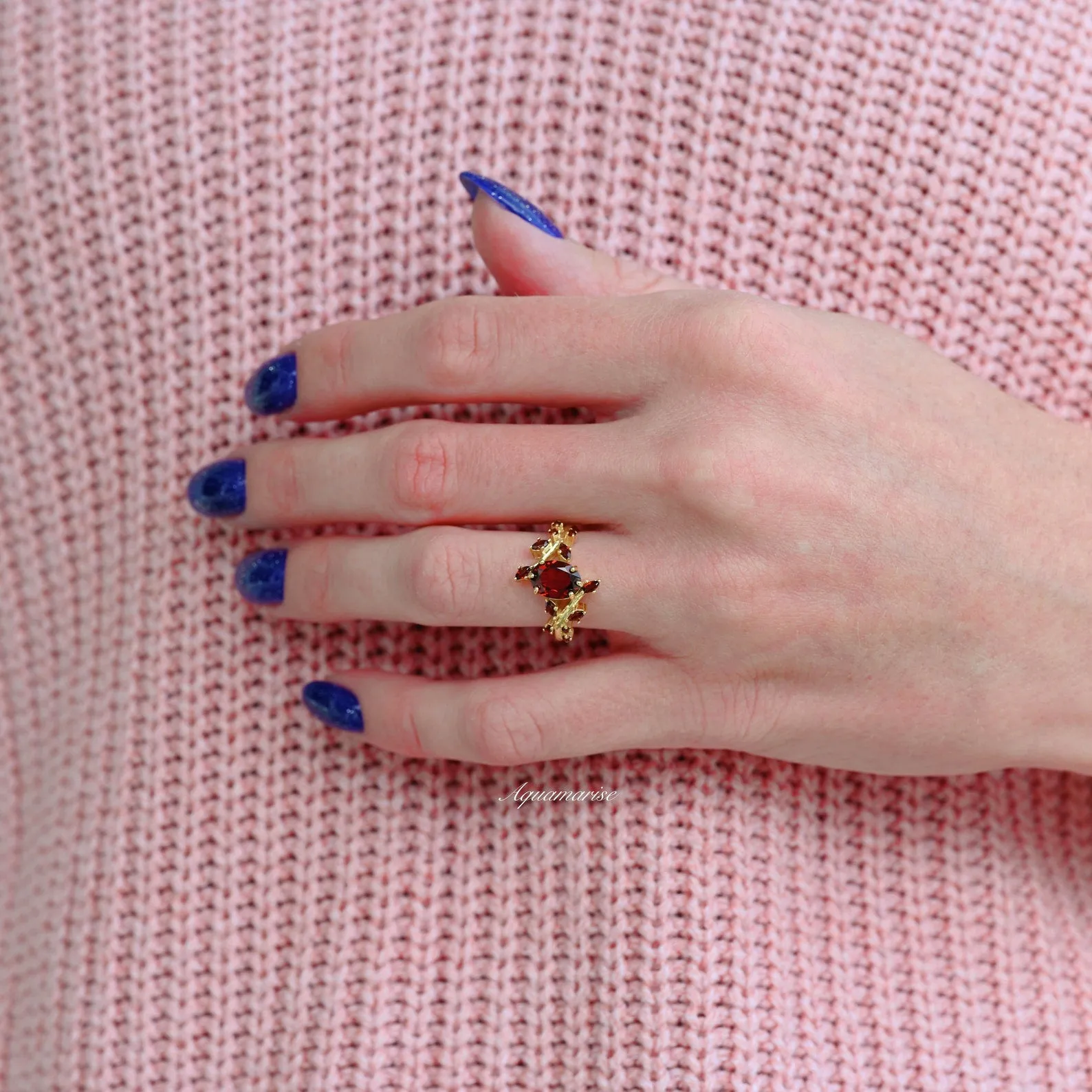 Natural Red Garnet Leaf Ring- 14K Yellow Gold Vermeil