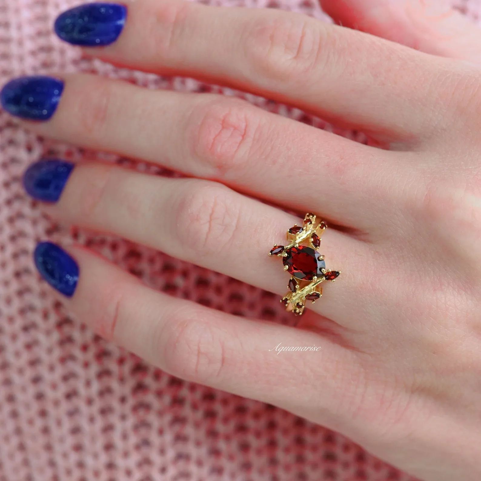 Natural Red Garnet Leaf Ring- 14K Yellow Gold Vermeil