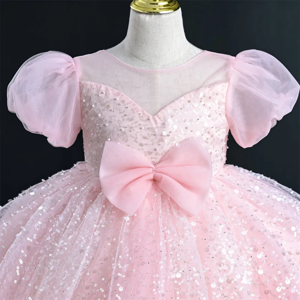 OM065 Yoliyolei V-neck Wedding Princess Dress Girl Sequins Satin Bow Tulle Ruffles Baby Girl Dress With Puff Sleeves For Children